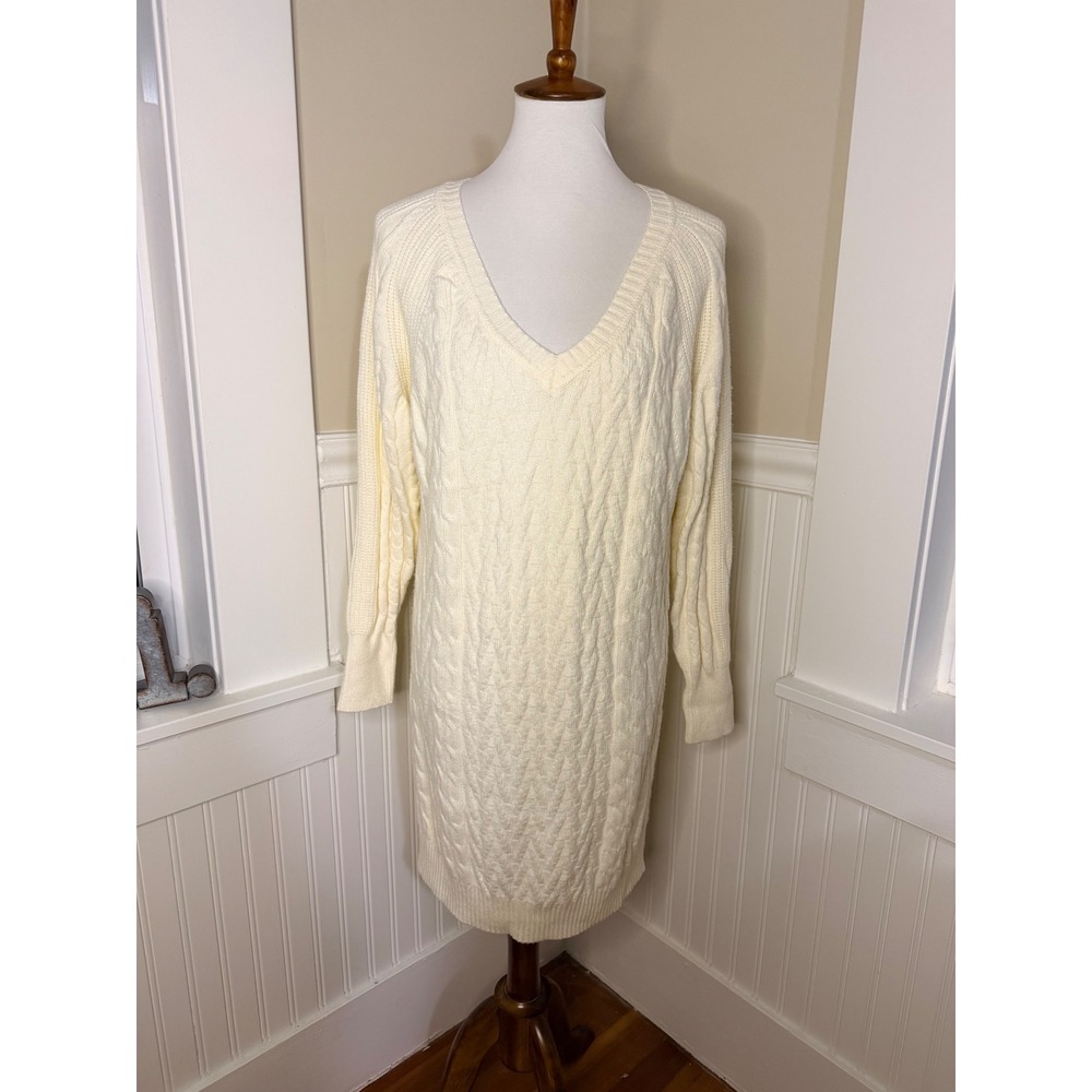 Black Tape Cable Knit V-Neck Sweater Dress Cream Ivory Large
